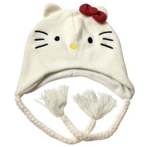 HELLO KITTY Hot Topic Knit Beanie Hat Braided Tassels 3D Bow Fleece Lined Kawaii